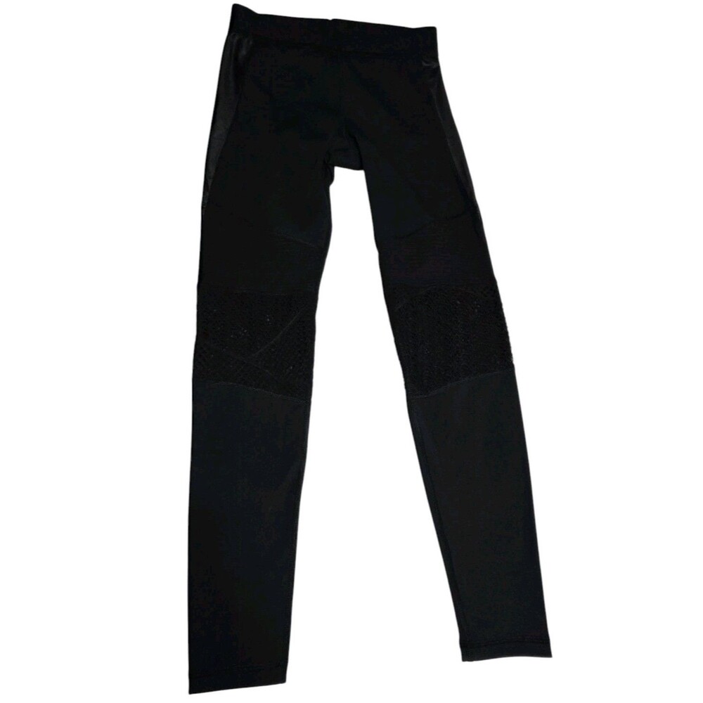 Alala Leggings Women's S Black Crochet Mesh Satin Accents Stretch Logo Lux H11.3